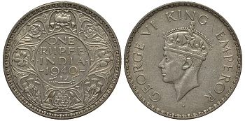 Британская Индия 1 рупия 1940 Георг VI (1936-1952) KM 556 серебро 4044-645