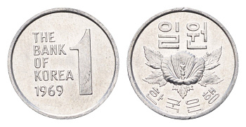 Южная Корея 1 вона 1969 роза KM 4a алюминий UNC 4647-1259