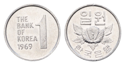 Южная Корея 1 вона 1969 роза KM 4a алюминий UNC 4647-1259