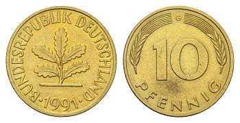 Германия 10 пфеннигов 1991 G KM 108, J. 383 сталь плакированная латунью 4626-443