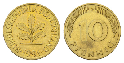 Германия 10 пфеннигов 1991 G KM 108, J. 383 сталь плакированная латунью 4626-443