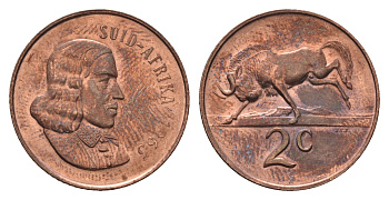 ЮАР 2 цента 1966 Ян ван Рибек (1619-1677), Suid Africa, легенда на африкаанс, антилопа гну KM 66.2 бронза UNC 4693-242