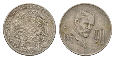 Мексика 20 сентаво 1976 Франциско Индалеси KM 442 медно-никель 4697-538