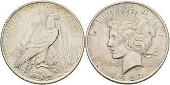 США 1 доллар 1922 доллар мира KM 150 серебро aUNC 00-00
