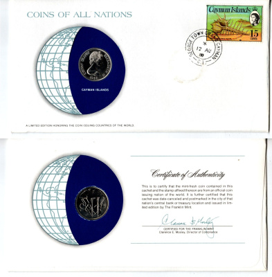 Каймановы острова 25 центов 1980 конверт с маркой первого дня гашения, Coins of Nations KM 4 медно никель PROOF 9-1-01-50