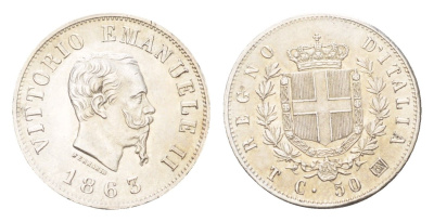 Италия 50 чентезимо 1863 T, Виктор Эммануил II (1861-1878), год-тип KM 4a.2 серебро UNC 00-815-77