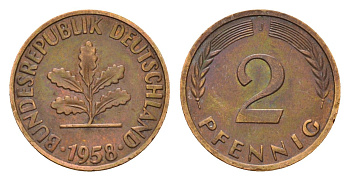 ФРГ 2 пфеннига 1958 J KM 106, J. 381 бронза 4528-339