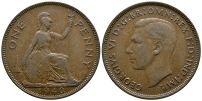 Великобритания 1 пенни 1940 Георг VI (1936-1952) KM 845, Spink 4114 бронза 73-931