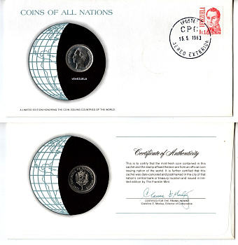 Венесуэла 1 боливар 1977 конверт с маркой первого дня гашения, Coins of Nations KM 52, Schon 62 никель UNC 4294-30-1