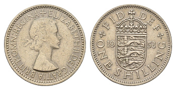 Великобритания 1 шиллинг 1953 Елизавета II (1952-2022), Английский герб KM 890, Spink 4139 медно-никель 4182-413