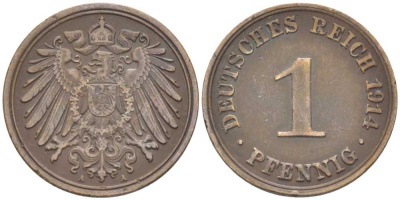 ГЕРМАНИЯ 1 ПФЕННИГ 1914 A KM 10, J. 10 медь 112-1122