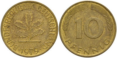 ФРГ 10 пфеннигов 1979 F J. 383, KM 108 сталь плакированная латунью    4603-446