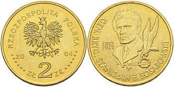 Польша 2 злотых 2004 MW, бригадный генерал Станислав Сосабовский (1892-1967) KM 499 нордик UNC 4676-141