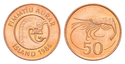 Исландия 50 эйре 1986 креветка KM 26a сталь плакированная бронзой UNC 4632-956