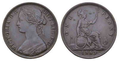 Великобритания 1 пенни 1863 Виктория (1837-1901) KM 749.2, Spink 3954 бронза 603-1525