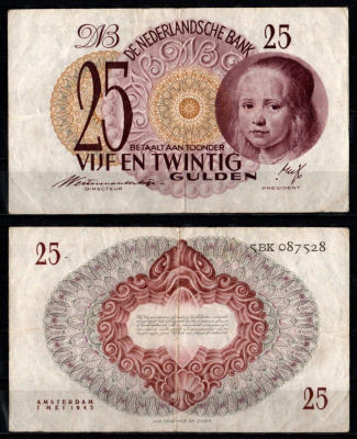 Нидерланды 25 гульденов 1945 Pick 77 бумага 451-472-3