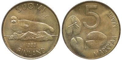 ФИНЛЯНДИЯ 5 МАРОК 1993 M, МОРЖ KM 73 медь алюминий никель UNC 3334-822