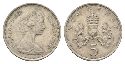 Великобритания 5 пенсов 1969 Елизавета II (1952-2022) KM 911, Spink 4233 (D1) медно-никель 4635-116