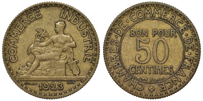 Франция 50 сантимов 1923 тип Chambres de Commerce KM 884, Le Franc 191.6 алюминиевая бронза 4124-339