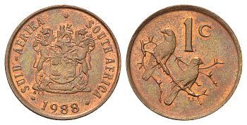 ЮАР 1 цент 1988 герб, капские воробьи KM 82 бронза UNC 4696-935