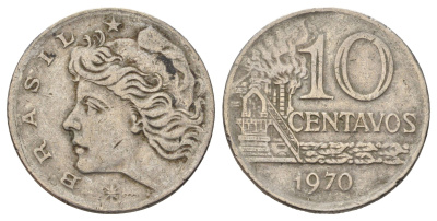 Бразилия 10 сентаво 1970 год-тип KM 578.2 медно-никель 4161-825