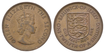 Джерси 1/12 шиллинга 1960 Елизавета II (1952-2022), 300 лет вступления на престол короля Карла II KM 23 бронза 4178-1015