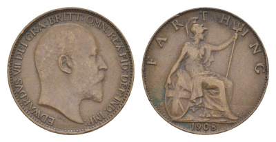 Великобритания 1 фартинг 1908 Эдуард VII (1901-1910) KM 792, Spink 3992 бронза 4630-219