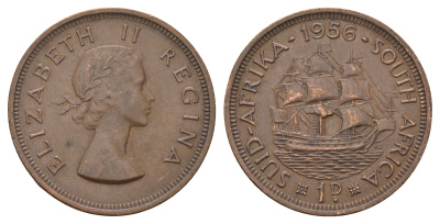 ЮАР 1 пенни 1956 Елизавета II (1952-2022), парусник KM 46 бронза 4517-1232