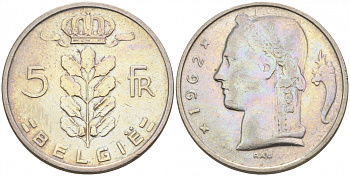 БЕЛЬГИЯ 5 ФРАНКОВ 1962 BELGIE KM 135.1 медно-никель 68-644
