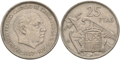 Испания 25 песет 1957 (64) Франсиско Франко (1939-1975) KM 787 медно-никель 4149-1025