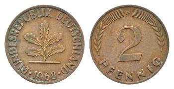 ФРГ 2 пфеннига 1968 G KM 106a, J. 381a сталь плакированная медью 4685-1238