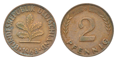 ФРГ 2 пфеннига 1968 G KM 106a, J. 381a сталь плакированная медью 4685-1238