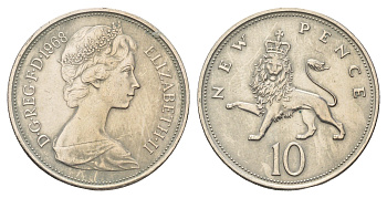 Великобритания 10 новых пенсов 1968 Елизавета II (1952-2022) KM 912, Spink 4231 (F1) медно-никель 4140-214