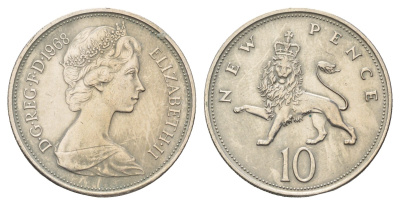 Великобритания 10 новых пенсов 1968 Елизавета II (1952-2022) KM 912, Spink 4231 (F1) медно-никель 4140-214