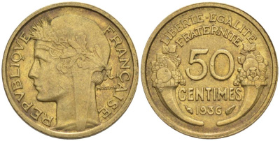 ФРАНЦИЯ 50 САНТИМОВ 1936 ТИП MORLON KM 894.1, LE FRANC 192.12 алюминиевая бронза 44-738