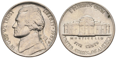 США 5 центов 1987 D, Джефферсон KM А192 медно-никель 4577-435