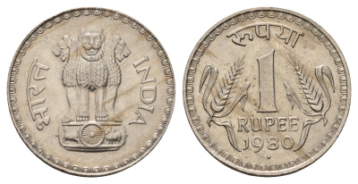 Индия 1 рупия 1980 KM 78.3 медно-никель UNC 4686-1226
