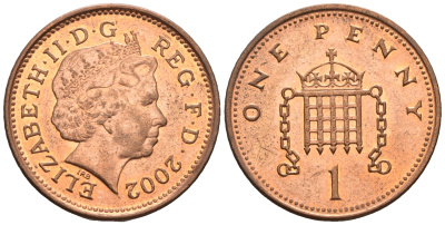Великобритания 1 пенни 2002 Елизавета II (1952-2022) KM 986, Spink 4710 (B5) сталь плакированная медью 4609-563