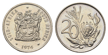 ЮАР 20 центов 1974 герб, цветок протея KM 86 никель UNC 4693-316