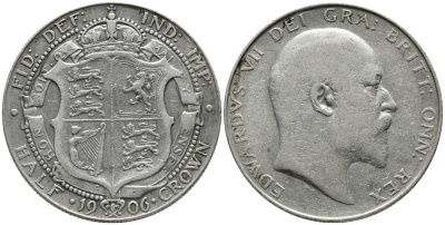 Великобритания 1/2 кроны 1906 Эдуард VII (1901-1910) KM 802, Spink 3980 серебро 1518-333