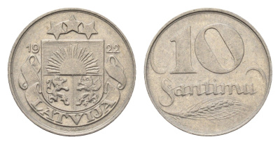 Латвия 10 сантимов 1922 год-тип KM 44 никель 4689-812