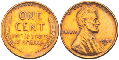 США 1 ЦЕНТ 1952 D, ЛИНКОЛЬН KM А132 медь цинк 218-621