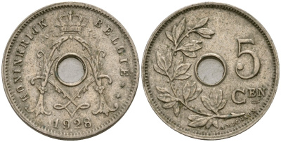 Бельгия 5 сантимов 1928 Belgie KM 67 медно-никель 4136-518