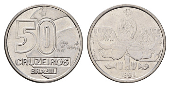 Бразилия 50 крузейро 1991 KM 620 нержавеющая сталь 4544-741