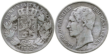 Бельгия 5 франков 1852 Леопольд I (1831-1865) KM 17 серебро 1066-20-36