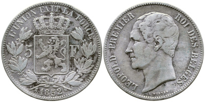 Бельгия 5 франков 1852 Леопольд I (1831-1865) KM 17 серебро 1066-20-36