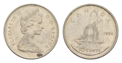 Канада 10 центов 1974 Елизавета II (1952-2022), парусник KM 77 никель 4639-629