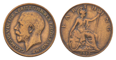 Великобритания 1 фартинг 1915 Георг V (1910-1936) KM 808.1, Spink 4059 бронза 4623-1033