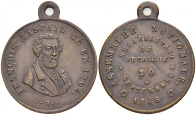 Франция медаль 1848 Франсуа Распай родился в 1794 году, национальное собрание, представитель народа, 20 сентября 1848 года, с ушком для носки, диаметр 24 мм., вес 5,1 гр бронза 4539-811