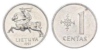 Литва 1 цент (сент) 1991 год-тип KM 85 алюминий aUNC 4689-1026